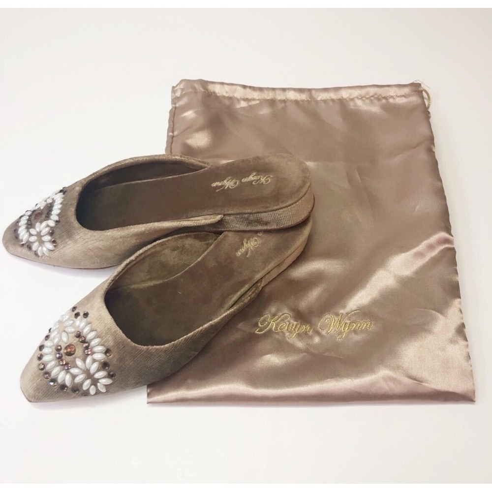 Kevyn Wynn Vintage Velvet Beaded Floral Pointed Toe Wedge Mules Champagne Gold 8 - Picture 4 of 5